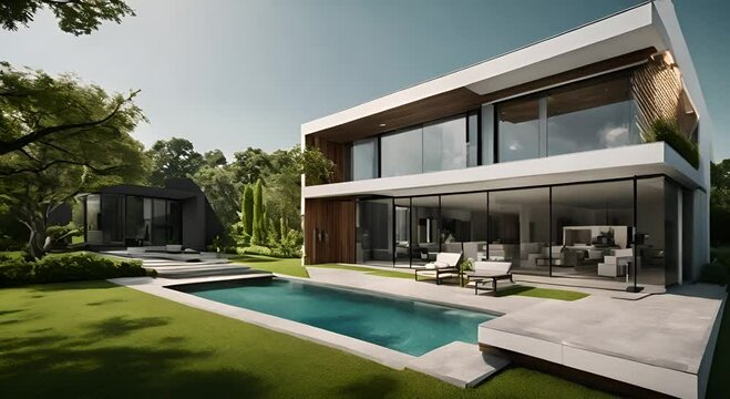 modern house with swimming pool and green garden