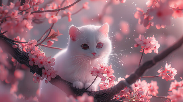an adorable schrimp for my white cat, Cherry blossoms,generative ai