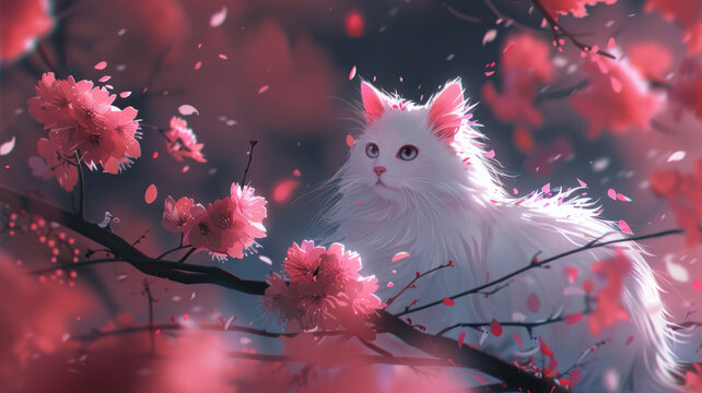 an adorable schrimp for my white cat, Cherry blossoms,generative ai