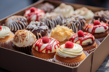 A closeup image of a box of assorted cupcakes with different toppings