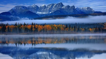  A stunning mountain range looms in the distance, with a serene lake reflecting its majesty in the foreground Towering trees and fluffy white clouds add to the breatht