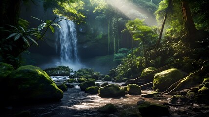 Panorama of beautiful waterfall in deep tropical rainforest. Nature background - obrazy, fototapety, plakaty