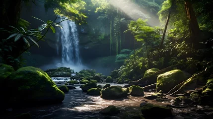 Wandcirkels tuinposter Panorama of beautiful waterfall in deep tropical rainforest. Nature background © Iman