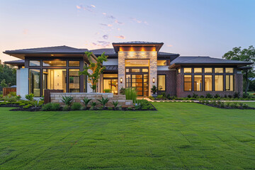 In the early morning glow, a modern home exterior features lush green grass, a mix of brick and...