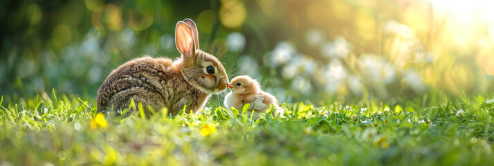 Best friends bunny rabbit and chick are kissing on spring field with green grass and flowers. Happy Easter. Cute funny animals. Love, Valentine day