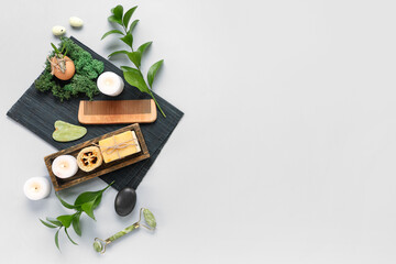 Beautiful spa composition with Easter decor and plant branches on light background