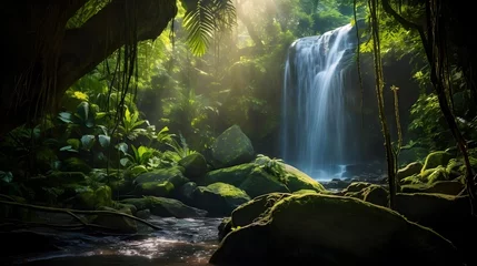 Abwaschbare Fototapete Panoramic view of a waterfall in a tropical rainforest during summer © Iman