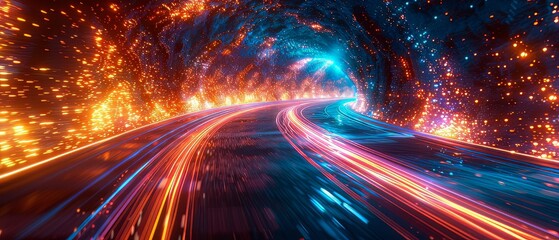 Fototapeta na wymiar Colorful light trails on the highway in motion, futuristic fiber optics. Concept of technology.