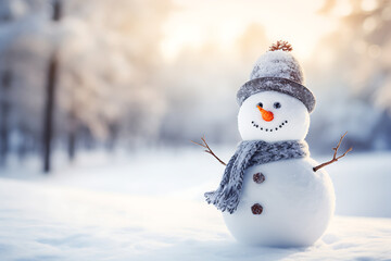 Obraz premium Charming snowman adorned with a hat and scarf, greeting a serene winter day, amidst a softly lit snowy landscape
