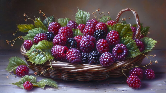  A painting depicts raspberries, blackberries in a wicker basket on a wooden table with green foliage