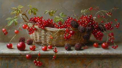  A painting of a basketful of cherries and a cherry cluster on a ledge beside a rock wall