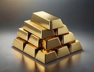 Stack of gold bars with reflections in the floor. - 770054125