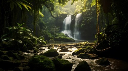 Beautiful tropical waterfall in deep rainforest. Panoramic view