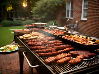 Barbeque with grilled meat. sausages and vegetables on grill - obrazy, fototapety, plakaty