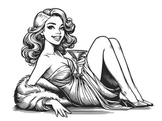 elegant woman reclining with a cocktail sketch engraving generative ai fictional character vector illustration. Scratch board imitation. Black and white image. - 770054305