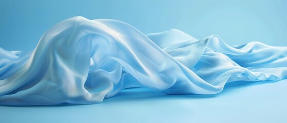 The luxury of blue fabric with soft waves. Light blue spring and summer linen blended fabric closeup background. reases of satin, silk, and cotton. Generative ai