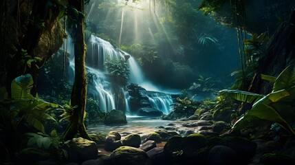 Panorama of a beautiful waterfall in the rainforest of Borneo.