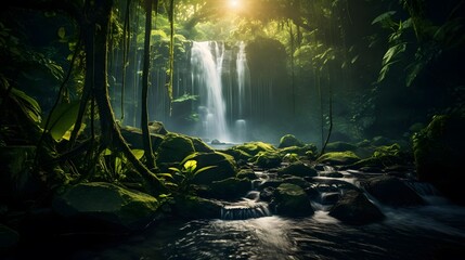 Panorama of a beautiful waterfall in the rainforest at night. - obrazy, fototapety, plakaty