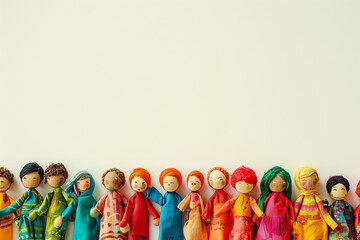 Global People diversity concept art shows in colorful puppet figures in white  background, Multi ethical puppet figures standing in a row, Traditional handmade cute wooden puppets in fancy costumes