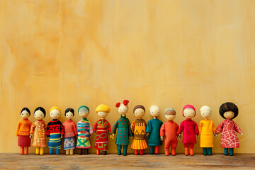 Global People diversity concept art in colorful puppet figures in yellow background, Multi ethical puppet figures standing in a row, Traditional handmade cute wooden puppets in traditional costume