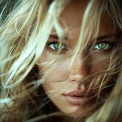 portrait of a beautiful blond woman with green eyes