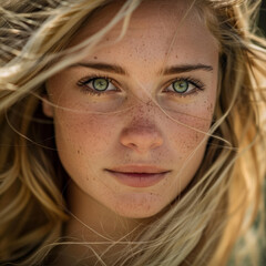  portrait of a beautiful blond woman with green eyes and freckles