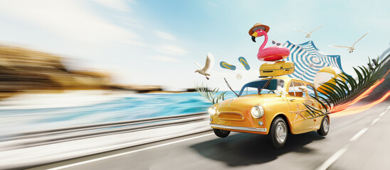 Orange retro car with luggage and beach accessories in a rush for summer vacation. Summer travel...