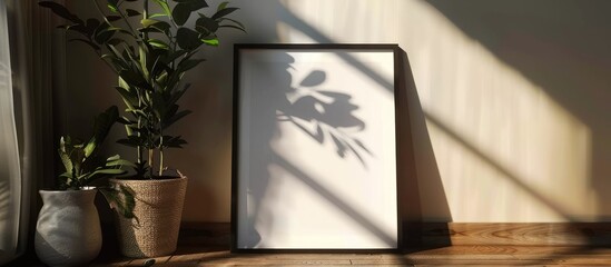 Close-up of a mockup poster frame on a wooden floor in a home interior with a shadow.
