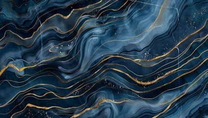Abstract Blue and Black Marble Background with Gold Lines, dark blue marble background, deep ocean color waves Generative AI - obrazy, fototapety, plakaty