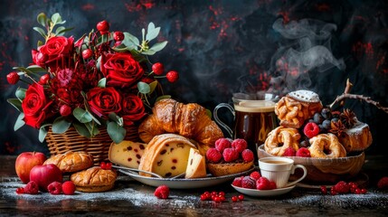  A table is set with a plate of pastries, a basket of raspberries, and a cup of coffee in the foreground The scene is warmly lit and inv - obrazy, fototapety, plakaty