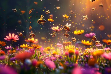 Enchanted Garden with Bees Pollinating Flowers at Sunset. Generative ai