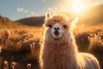 Alpaca (Vicugna pacos), on beautiful nature of the high mountains, sunset light. - obrazy, fototapety, plakaty