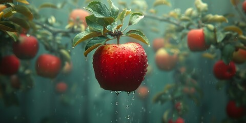 Gravity pulling an apple down from a tree illustrating Newtons law of gravity in action. Concept Newton's Law of Gravity, Apple Falling, Tree Illustration, Physics Demonstration - obrazy, fototapety, plakaty