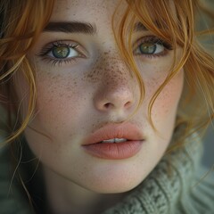 portrait of a beautiful woman with green eyes and ginger red hair