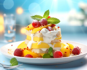 Fruit cake with mango and raspberries on a blue background