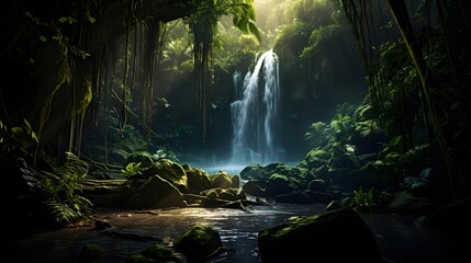 Panorama of a beautiful waterfall in the rainforest of Costa Rica - obrazy, fototapety, plakaty