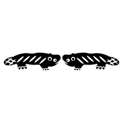 Symmetrical ornament or border with two stylized beavers or lizards. Permian animal style. Ancient Sumerian ethnic design. Black and white silhouette.