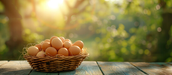 basket of chicken eggs on a wooden table over farm - obrazy, fototapety, plakaty