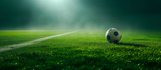 Black and whithe football ball lying on green grass - Powered by Adobe