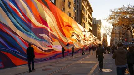 A dynamic, abstract mural that spans the length of a city street, with pedestrians pausing to view...