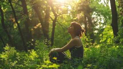 A content woman enjoying a moment of solitude in a lush green forest, surrounded by towering trees and dappled sunlight