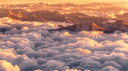  A high-altitude panorama of a mountain range shrouded in clouds - obrazy, fototapety, plakaty