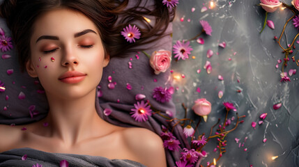 Relaxed woman lying in spa salon with closed eyes