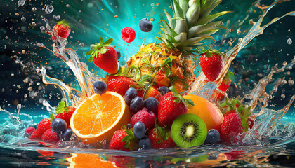 A fruit explosion with lots of color and cinematic lighting