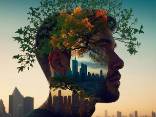 Une homme urbain avec des feuilles vertes dans les cheveux et un paysage urbain en arrière-plan., envie de retour à la nature 