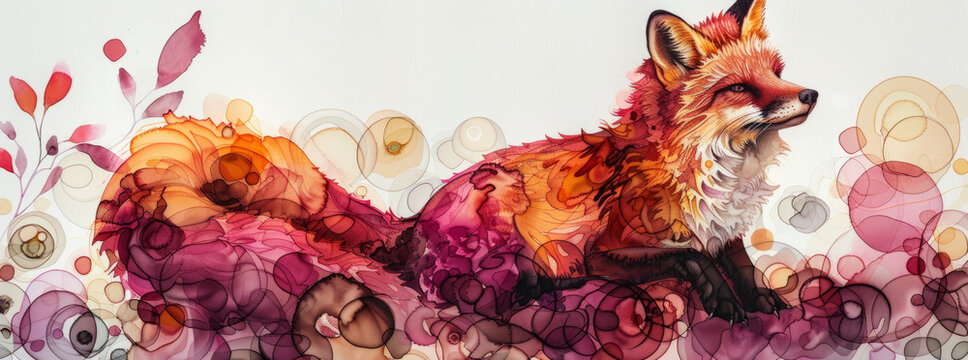 ombre, alcohol ink, abstract fox and various abstract shapes, lines, circles, branches leaves, small small pattern,generative ai