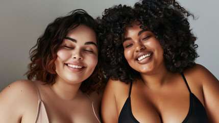 Sexy Plus Size african two women posing, having fun together, Studio Background. Real people lifestyle. Body positive