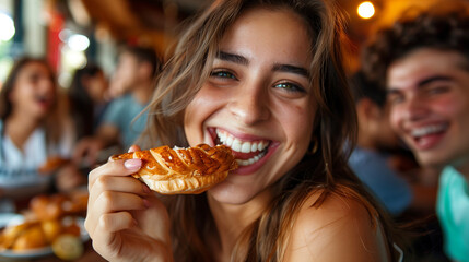 Young Latina woman eating an empanada. - obrazy, fototapety, plakaty