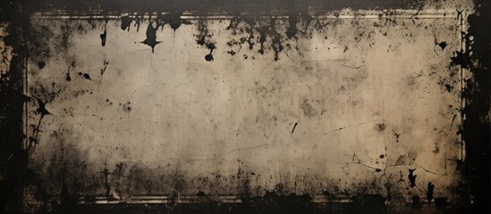 A monochrome photograph of a dirty wall with a border, set against a natural landscape of grass and...