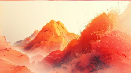  A beautiful digital artwork featuring majestic mountains painted with warm reds and yellows, set against a serene blue sky